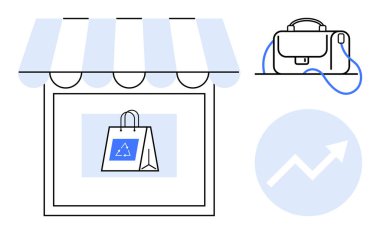 Çevre dostu alışveriş çantası, rafta evrak çantası ve büyüme oku sembolü olan bir dükkan. Perakende, ecommerce, sürdürülebilirlik, iş büyümesi, pazarlama, kurumsal iletişim için ideal