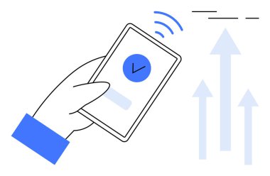 Akıllı telefondan elde tutulan ve yukarı doğru çıkan oklar büyümeyi, başarıyı ve yükselen eğilimleri sembolize ediyor. Teknoloji, iş büyümesi, bağlantı, mobil uygulamalar, başarı, veri