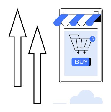 Mobil ekranda içinde eşyalar olan bir alışveriş arabası var. Oklar ekranın yukarısını gösteriyor. E-ticaret, dijital pazarlama, çevrimiçi alışveriş, perakende büyüme ve teknoloji için ideal