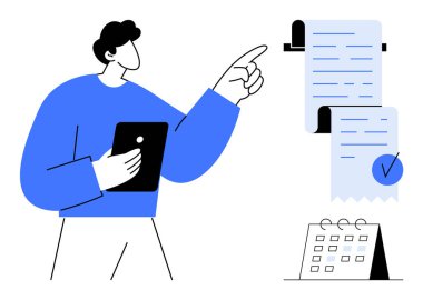 Bir kişi yanında takvimi olan bir tableti tutarken panoyu işaret eder. İş yönetimi, organizasyon, programlama, verimlilik, belgeler için ideal. Minimalist modern tarz