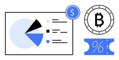 Veri kategorili pasta grafiği dolar işaretli mavi sikke, Bitcoin sembolü, yüzde işareti simgesi. Finans, kripto para birimi, veri analizi, yatırım stratejileri, bütçe ve gelir raporları için ideal