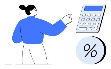 İşadamı, yüzde sembolünün yanındaki büyük hesap makinesini işaret ediyor. Finans, muhasebe, bütçe, mali planlama, eğitim, maliyet analizi ve veri sunumu için ideal. Satır metaforu