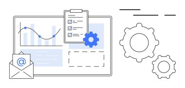 Ekranda grafik ve grafik olan veri analizi, sembollü e-posta zarfı, panoda kontrol listesi ve iki vites simgesi. İş, teknoloji, üretkenlik, proje yönetimi ve e-posta için ideal