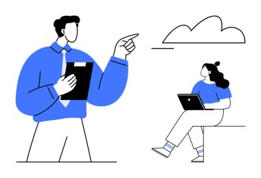 Meslektaşım dizüstü bilgisayar kullanırken iş adamı işaret ediyor. Takım çalışması, iletişim, proje planlaması, ofis tartışmaları, çevrimiçi toplantılar, iş birliği için ideal