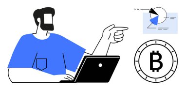 Adam bilgisayarında Bitcoin sembolünün yanında otururken grafik verilerini gösteriyor. Kripto ticareti, veri analizi, finansal sunumlar, engelleme teknolojisi, yatırım planlaması, dijital