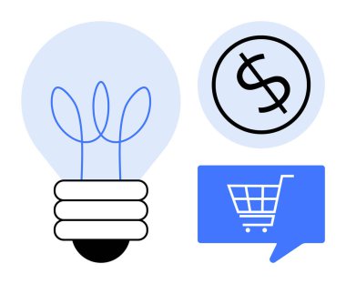 Fikirleri temsil eden ampul, para birimi için dolar işareti ve sohbet balonunda alışveriş arabası. İş için ideal, ekommerce, finans, yenilik, pazarlama, girişimcilik, yaratıcı düşünce. Çizgi