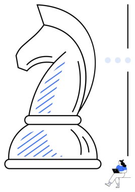 Dizüstü bilgisayarda çalışan birinin yanındaki dev şövalye satranç taşı. İş stratejisi için ideal, karar verme, yenilik, yaratıcılık, planlama, oyun, üretkenlik temaları. Satır metaforu