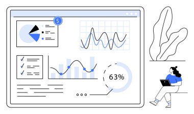 Pasta grafiği, çizgi grafikleri, kontrol listeleri ve yüzde ölçüleriyle veri analizi paneli. Dizüstü bilgisayarı olan kadın karakter. İş analizleri, veri bilimi, finansal analizler ve proje için ideal