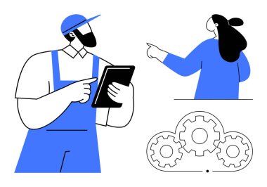 Meslektaşı el kol hareketleri yaparken sakallı ve şapkalı bir işçi tablet kullanıyor. Aşağıda bulut şekilli vitesler var. Takım çalışması, teknoloji, bulut hesaplama, mühendislik ve dijital iletişim için ideal. Minimalist, modern