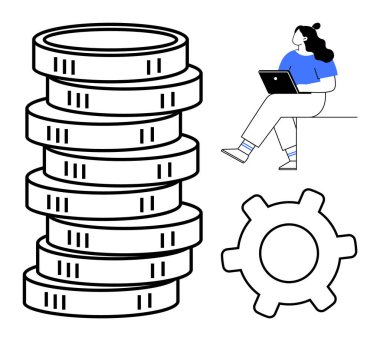 Bir kadın otururken dizüstü bilgisayar kullanıyor. Yüksek miktarda bozuk para ve büyük bir dişli ile bitişiğinde. Finansal planlama, teknoloji entegrasyonu, iş stratejisi, çevrimiçi öğrenme, üretkenlik araçları için ideal