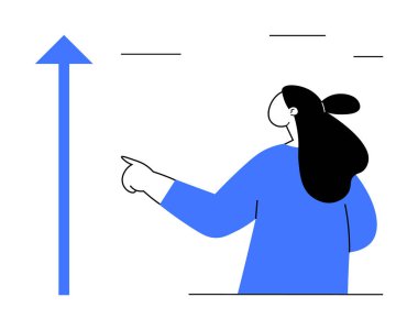 Bir kadın, büyümeyi ve yönü simgeleyen yukarı doğru mavi bir oku işaret eder. İş geliştirme, kariyer ilerlemesi, motivasyon, başarı ve liderlik temaları için ideal. Minimalist, modern, temiz