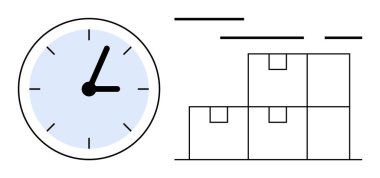 Düzenli envanteri temsil eden istiflenmiş kutuların yanında verimli zaman yönetimini gösteren saat. Lojistik, depo yönetimi, tedarik zinciri optimizasyonu, zaman yönetimi işleri için ideal