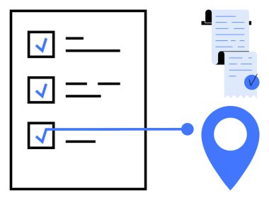Mavi işaretli kontrol listesi, mavi işaretli iki belge ve mavi konum işareti. Görev yönetimi, proje takibi, organizasyon, verimlilik ve planlama için ideal. Minimalist