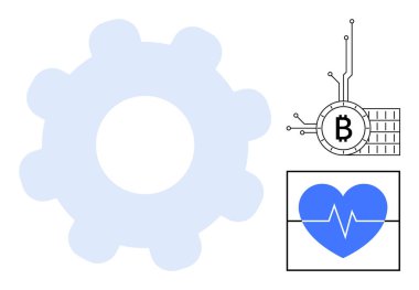 Büyük mavi vites sembolü, Bitcoin 'li bir blok zinciri sembolü ve EKG çizgisi olan mavi kalp. Teknoloji, engelleme zinciri, sağlık, yenilik ve verimlilik için ideal. Basit modern biçim