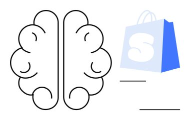 Eğitimsel pazarlama yaratıcılığı minimalizmi psikolojisi ve tüketici davranış çalışmaları için S ideali olan mavi bir alışveriş çantasının yanında sadeleştirilmiş bir beyin. Siyah çizgiler ve mavi renkler temiz renkte baskın gelir.