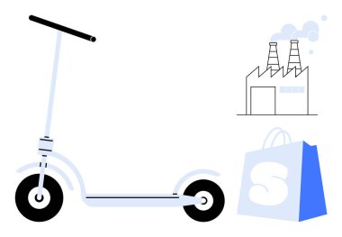 Scooter with factory emitting smoke and shopping bag. Ideal for sustainable transportation, urban mobility, environmental impact, shopping, and modern city life. Simple, clean, minimalist style clipart