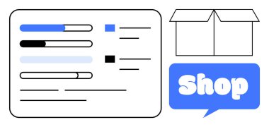 Karton bir kutunun ve dükkan tabelasının yanına özet çizelge iste. Çevrimiçi alışveriş e-ticaret sipariş yönetimi lojistik ve perakende işi için ideal. Basit temiz vektör biçimi