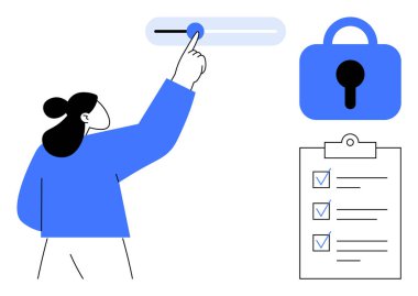 Bir kişi kilit simgesi ve kontrol listesinin yanına kaydırıcı ayarlar. Veri güvenliği, gizlilik yönetimi, kullanıcı izinleri, siber güvenlik protokolleri ve sistem ayarları için ideal. Basit vektör biçimi