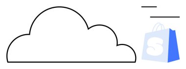 Beyaz arkaplanda siyah çizgili bulut mavi bir alışveriş çantası ve sağda iki yatay metin satırı var. E-ticaret, bulut depolama, çevrimiçi alışveriş, dijital temalar ve teknoloji için ideal