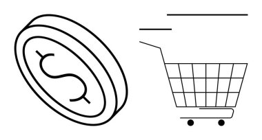 Dolar işareti ve alışveriş arabası olan bir madeni paranın siyah beyaz vektörü. E-ticaret, online alışveriş, perakende, finans ve işlemler için ideal. Basit, minimalist, modern tarz.