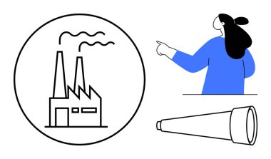 Dumanlı fabrika, işaret eden kadın ve teleskop. Endüstriyel farkındalık, çevresel tartışmalar, iletişim, araştırma veya keşif ve gözlem faaliyetleri için idealdir. Basit modern biçim