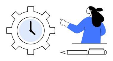 Aşağıda bir kalemi olan, vites içinde bir saati işaret eden biri. Üretkenlik, zaman yönetimi, ofis işi, iş stratejileri, iş akışı planlaması için idealdir. Basit modern biçim