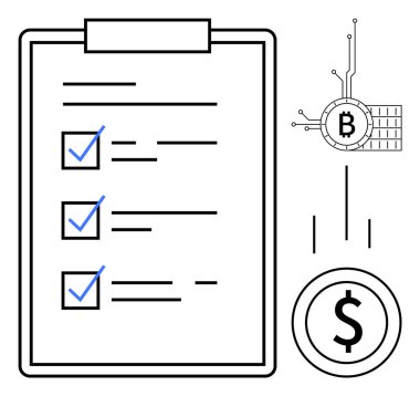 Üzerinde mavi işaretler bulunan bir pano solda, Bitcoin ve sağda dolar gibi dijital para birimi sembolleri var. Finans, kripto para birimi ve dijital işlemler için ideal