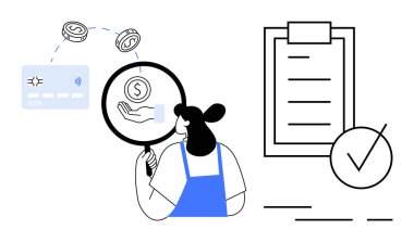 Büyüteç, kredi kartı, bozuk para ve kontrol listesi üzerinden mali işlemleri denetleyen bir kadın. Mali denetim, denetim, mali eğitim, kişisel bütçe belirleme, ödeme doğrulaması için ideal