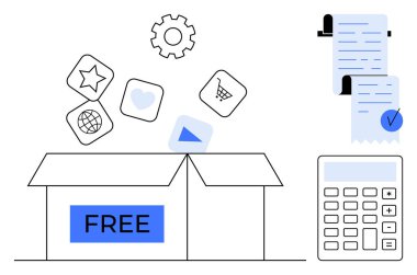 Üzerinde yıldız, kalp, küre ve alışveriş arabası da dahil olmak üzere çeşitli dijital simgelerle ücretsiz olarak işaretlenmiş açık kutu. Yakınlarda bir hesap makinesi ve makbuzlar var. Çevrimiçi hizmetler, e-ticaret, dijital hizmetler için ideal