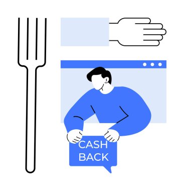 Basit bir vektör tasarımı, bir el sıkışma ve çatal sembolünün yanında nakit para çekme işareti tutan birini gösteriyor. Finansal ödüller, sadakat programları, müşteri ilişkileri, para gibi konular için ideal