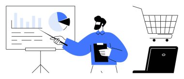 Bir adam pano tutarken panodaki grafiği işaret ediyor. Yakınlarda bir alışveriş arabası ve dizüstü bilgisayar var. İş sunumları, e-ticaret, çevrimiçi alışveriş, veri analizi ve pazarlama için ideal