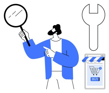 Elinde büyüteç tutan mavi ceketli bir adam büyük bir anahtarı ve online alışveriş arabasıyla gezici bir ekranı işaret ediyor. Teknoloji, e-ticaret, onarım ve müşteri için ideal.