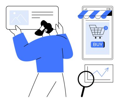 Mavili bir kişi çevrimiçi alışveriş unsurları ile etkileşim içindedir. Ürün görüntüsü, tebligatlı alışveriş arabası, mobil mağaza önü ve analitik. E-ticaret için ideal, çevrimiçi alışveriş, dijital