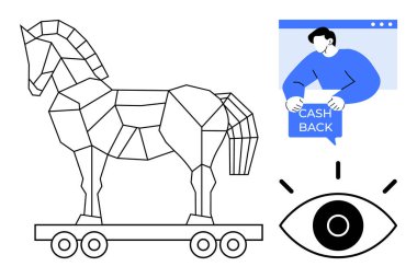 Geometrik Truva Atı. Elinde Cash Back tabelası ve büyük bir göz simgesi olan biri. Siber güvenlik tehditleri, internet dolandırıcılığı, internet güvenliği, veri koruması, sahte ihbarlar için ideal. Minimalist vektör