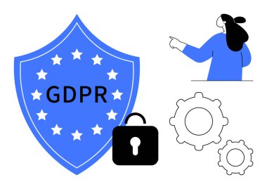 GDPR etiketli mavi kalkan, kilit simgesi veri güvenliğini temsil ediyor. Kalkan ve dişli sembolleri teknolojisini gösteren bir figür. Veri koruması, mahremiyet, uyum, güvenlik ve yönetmelikler için ideal