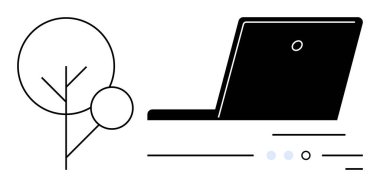 Çizgileri ve daireleri olan soyut ağacın yanındaki siyah dizüstü bilgisayar. Çevre dostu teknoloji, sürdürülebilir bilgisayar, uzaktan çalışma, yeşil teknoloji, dijital yenilik, doğa-teknoloji uyumu, teknik