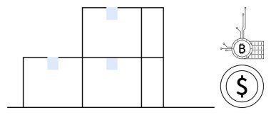 Bağlayıcılara bağlı üç yığın blok, sağ üstte Bitcoin sembolü ve altında minimalist tarzda bir dolar sembolü. Engelleme zinciri, kripto para birimi, finans, teknoloji ve dijital için ideal