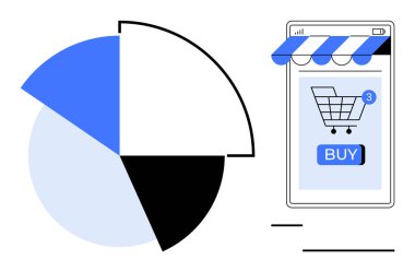 Alışveriş arabalı gezici ekran ve turta grafiğinin yanında satın alma düğmesi. E-ticaret, çevrimiçi alışveriş, pazar analizi, iş istatistikleri, dijital pazarlama için ideal. Minimalist stil