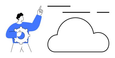 Adam teçhizatı tutuyor ve akış çizgileri olan bir bulut simgesini işaret ediyor. Teknoloji, bulut hesaplama, mühendislik, veri yönetimi, bilişim hizmetleri, iş çözümleri, dijital yenilik için ideal. Pankart