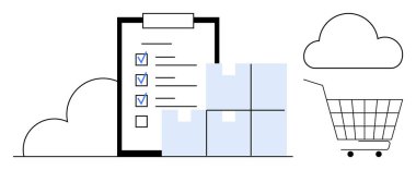 Panoda alışveriş arabası bulut depolama listesi ve istiflenmiş kutular. Çevrimiçi alışveriş envanteri yönetimi için ideal bulut depolama e-ticaret dijital pazarlama perakende lojistik organizasyonu