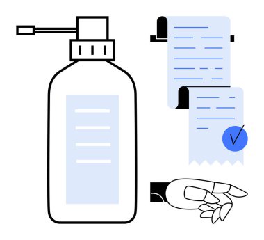 Büyük bir dezenfektan şişesi, listeli iki belge, bir işaret ve bir el işareti. Hijyen, organizasyon, sağlık, ofis kullanımı ve kontrol listesi için ideal. Minimalist modern tarz