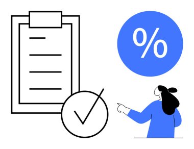 Kontrol listesi ve işaret, yüzde işareti ve mavi kazaklı bir kadın. Üretkenlik, yapılacaklar listesi, indirimler, görev yönetimi ve verimlilik için ideal. Temiz basit biçim