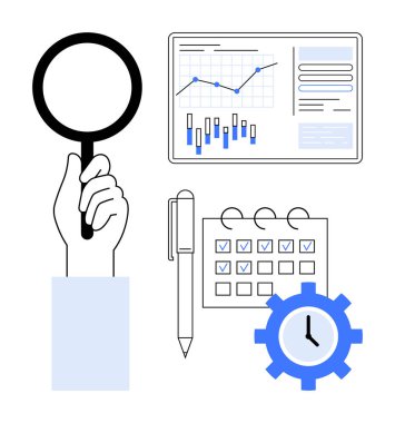 El ele tutuşan büyüteç analiz çizelgeleri, kontrol işaretli takvim, kalem ve dişli saat. İş analizi, proje yönetimi, zamanlama, verimlilik, zaman yönetimi, planlama için ideal