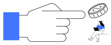 Büyük el, yanında dizüstü bilgisayar olan bir kadını işaret ediyor. İş için ideal, ev işi, çevrimiçi kazanç, e-ticaret, teknoloji, finansal planlama, dijital pazarlama temaları. Çizgi