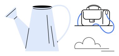 Sulama kabı solda, evrak çantası sağda ve altta bir bulut var. Bahçe işleri, ofis hayatı, açık hava aktiviteleri, minimalist sanat, çevre temaları, modern ev için ideal