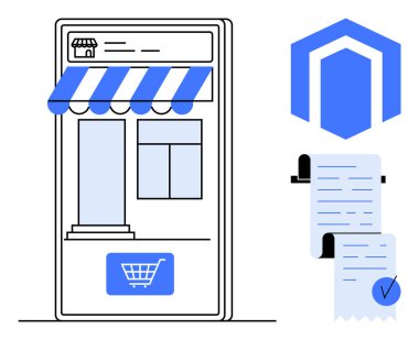 Dükkan önü, alışveriş arabası ikonu, e-ticaret platformu logosu ve işlem makbuzuyla mobil arayüz. Çevrimiçi alışveriş, e-ticaret, mobil uygulamalar, perakende sektörü, finans sektörü için ideal