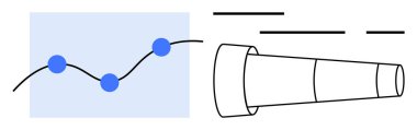 Teleskop, üzerinde üç mavi veri noktası olan bir doğru grafiğinin yanında. Veri analizi, piyasa araştırması, finansal tahminler, eğitim materyalleri, iş stratejileri, teknoloji eğilimleri için ideal. Pankart