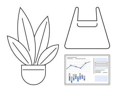 Saksı bitkisi, plastik torba ve grafik ve veri içeren analitik çizelge. Çevre dostu konular, iş analizi, sürdürülebilirlik, çevre, atık yönetimi, pazar araştırması, kurumsal