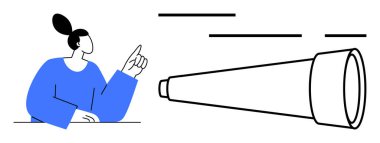 Mavi kazaklı bir iş kadını büyük bir teleskopu işaret ederek vizyon ve gelecekteki hedefleri gösteriyor. İş stratejisi, liderlik, yenilik, planlama, hedef belirleme, motivasyon için ideal
