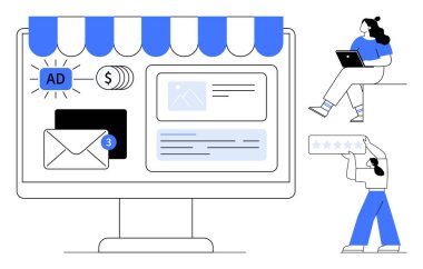 Pazarlama simgeleri, zarf, reklam, e-posta bildirimi ve iş panelleri içeren bilgisayar monitörü. Dizüstü bilgisayarı olan bir kadın, yıldız derecesi tutan ikinci kişi. İş, pazarlama ve eğitim için ideal